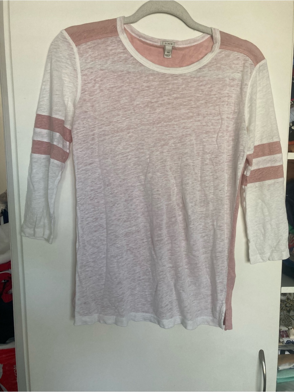 ' J Crew Pink and White Varsity long Sleeve Tee Top 100 % linen